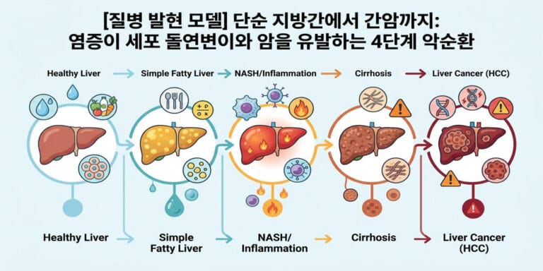 [질병 발현 모델] 단순 지방간에서 간암까지: 염증이 세포 돌연변이와 암을 유발하는 4단계 악순환
