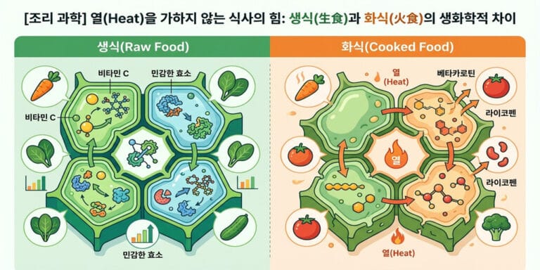 [조리 과학] 열(Heat)을 가하지 않는 식사의 힘: 생식(生食)과 화식(火食)의 생화학적 차이